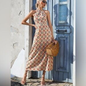 Bohemian Floral Print Backless Halter Top Maxi Sundress